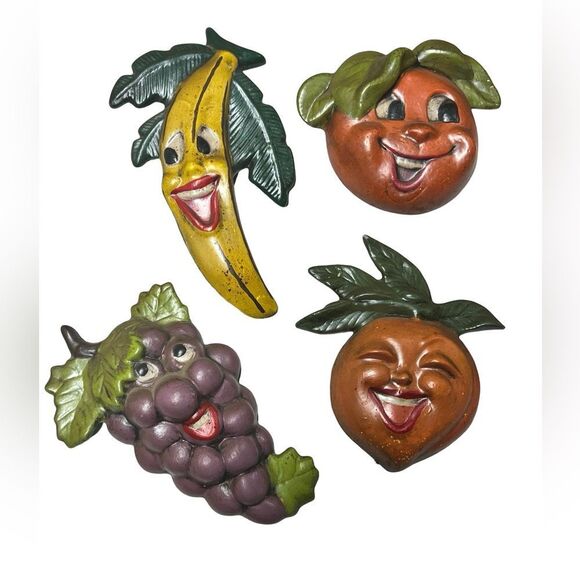 Vintage 70s Anthropomorphic Ceramic Fruit Kitchen Wall Hangings Retro Home Decor